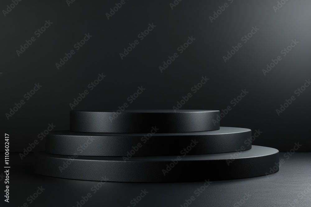 Minimalist Black Pedestal Display in Dim Studio Setting for Blank Product Showcase - 3D Rendered Arena Background Minimalist Black Pedestal Display in Dim Studio Setting for Blank Product Showcase - 3D Rendered Arena Background