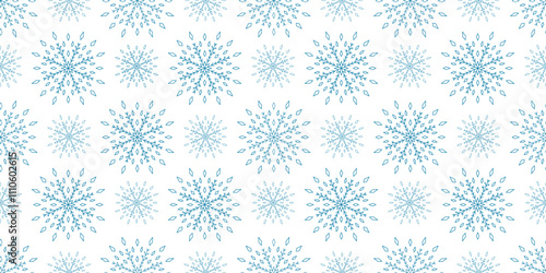 Seamless snowflake pattern in blue on a white background, perfect for winter and holiday designs