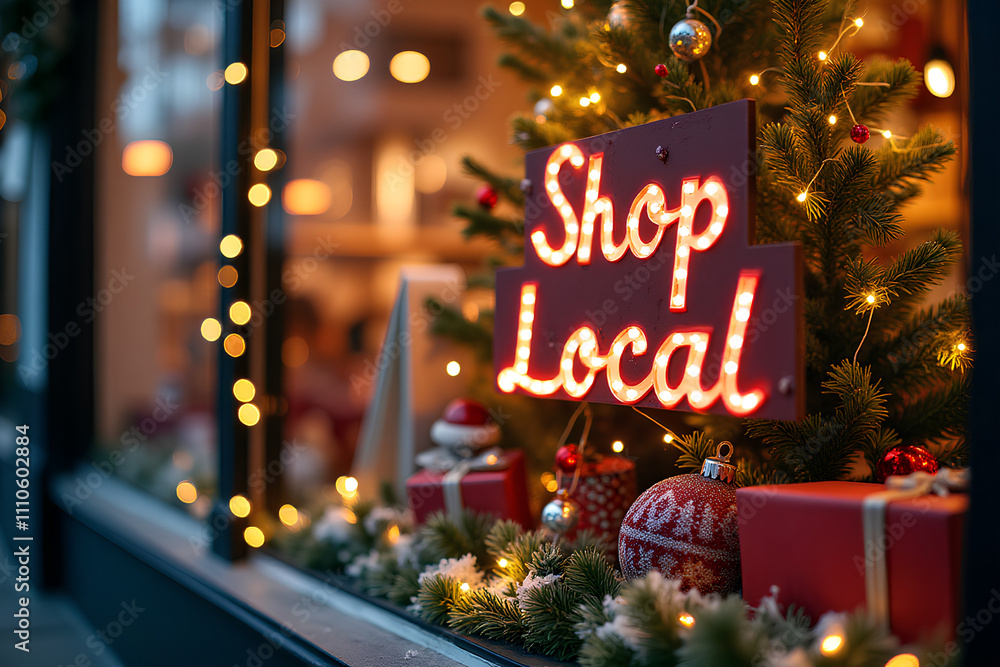 Christmas themed shop window featuring Shop Local sign with festive lights and holiday decor, promoting small business support. Shopping, sale, retail, promotion concept Christmas themed shop window featuring Shop Local sign with festive lights and holiday decor, promoting small business support. Shopping, sale, retail, promotion concept