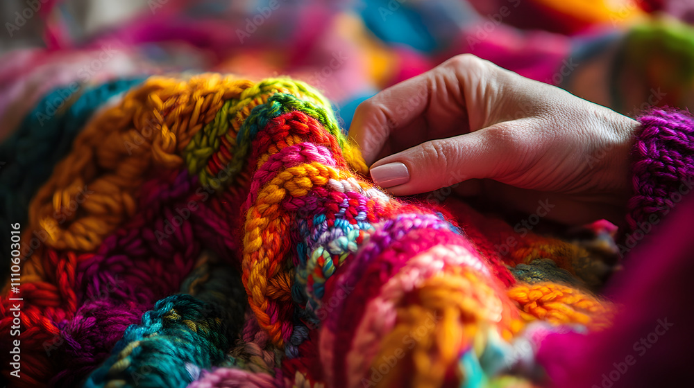 Artist's Hands Crocheting a Vibrant Blanket with Colorful Yarn under Natural Light Artist's Hands Crocheting a Vibrant Blanket with Colorful Yarn under Natural Light