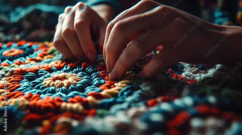 Artistic Focus on Hands Crocheting Intricate Patterns with Colorful Yarn in a Creative Workspace Artistic Focus on Hands Crocheting Intricate Patterns with Colorful Yarn in a Creative Workspace