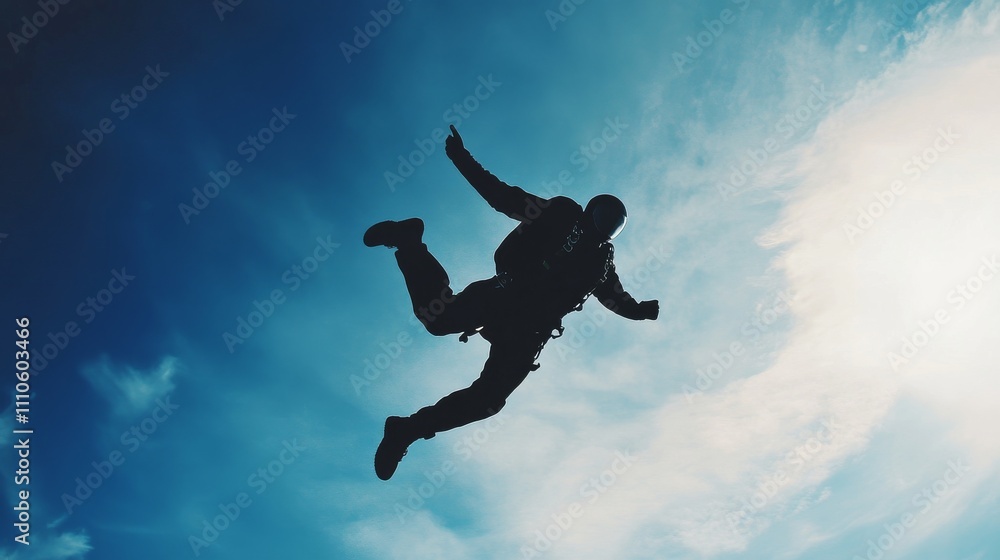 Skydiver silhouetted against a clear blue sky, freedom and adventure concept Skydiver silhouetted against a clear blue sky, freedom and adventure concept