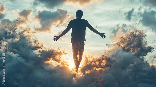 Wallpaper Mural Man Ascending Through Colorful Cloudscape at Sunset Torontodigital.ca