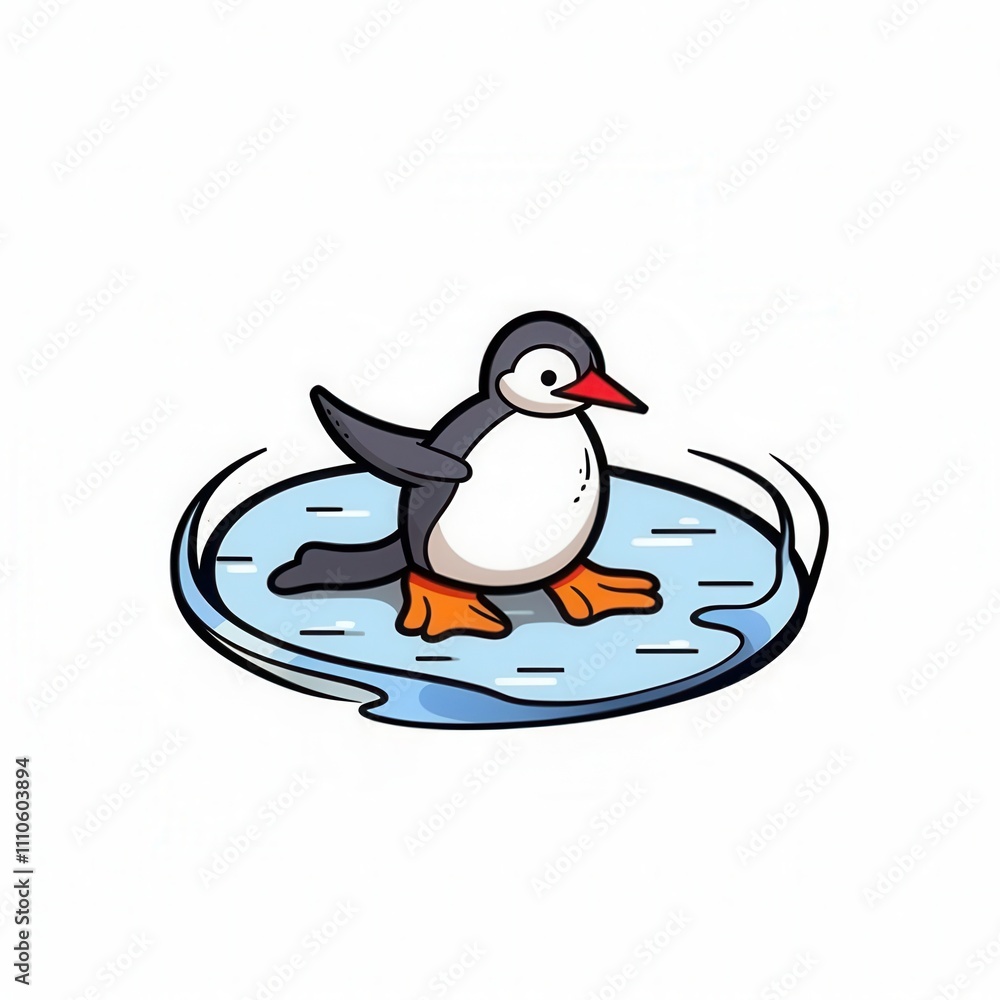 A cheerful cartoon penguin standing on a small patch of ice, surrounded by gentle water waves. A cheerful cartoon penguin standing on a small patch of ice, surrounded by gentle water waves.