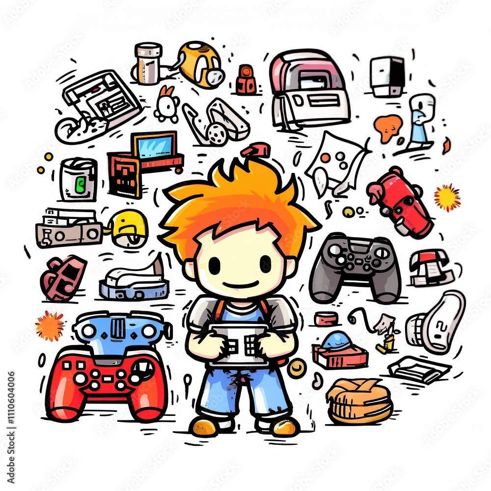 A young boy with orange hair holds a game console, surrounded by various gaming items and nostalgic gadgets. A young boy with orange hair holds a game console, surrounded by various gaming items and nostalgic gadgets.
