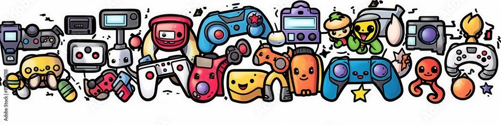 Colorful collection of cartoon gaming devices and characters, creating a vibrant and playful atmosphere. Colorful collection of cartoon gaming devices and characters, creating a vibrant and playful atmosphere.