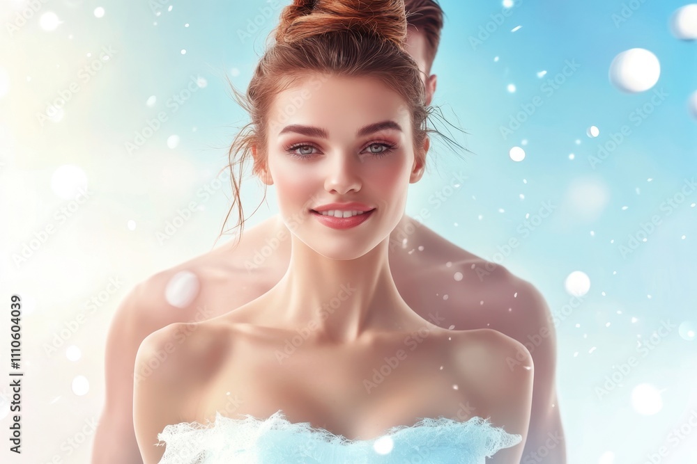 Beautiful young woman with elegant hairstyle smiling in a serene and snowy backdrop Beautiful young woman with elegant hairstyle smiling in a serene and snowy backdrop