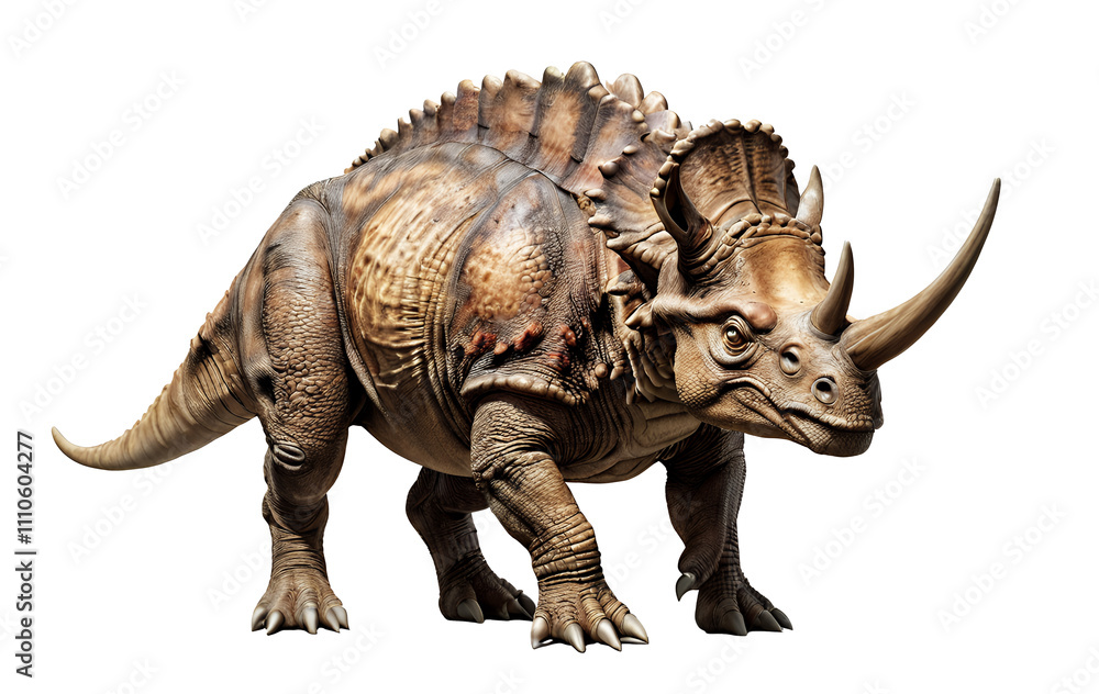 Fototapeta premium 3D render of a prehistoric herbivore dinosaur, featuring detailed scales, horns, and textures, set against a black background.