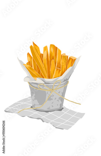 French fries in paper and iron bucket issolated on white