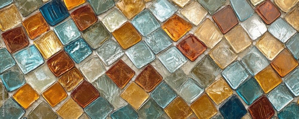 Colorful glass mosaic tiles in square pattern, vibrant decor concept Colorful glass mosaic tiles in square pattern, vibrant decor concept