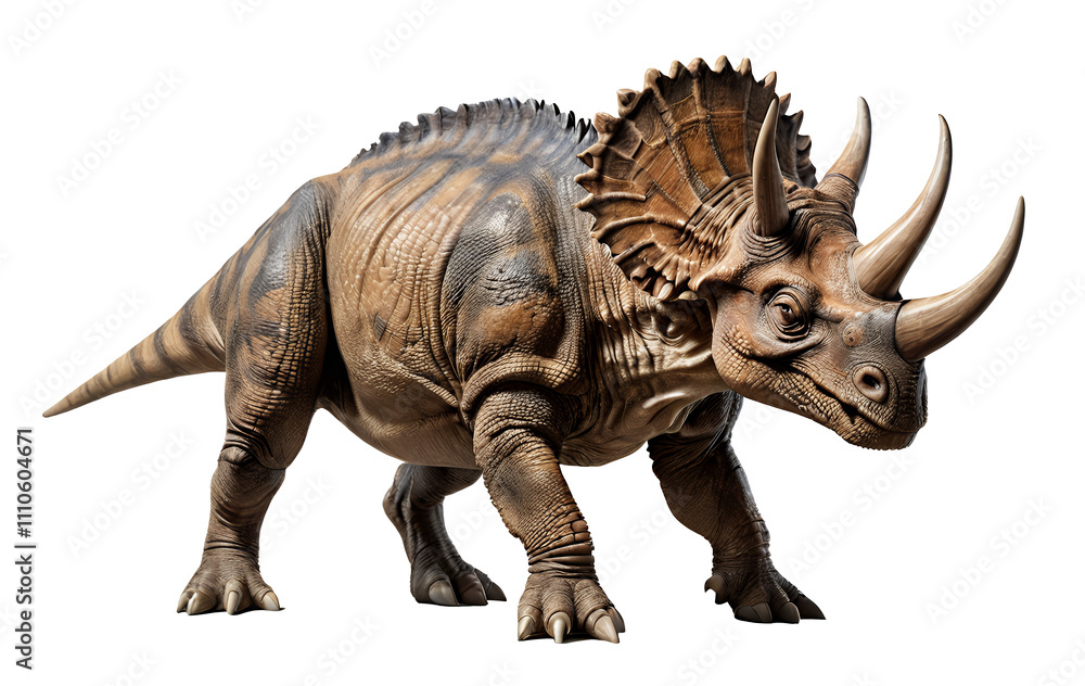 Fototapeta premium A detailed 3D render of a Triceratops dinosaur, showcasing its textured skin, horns, and frill against a black background.