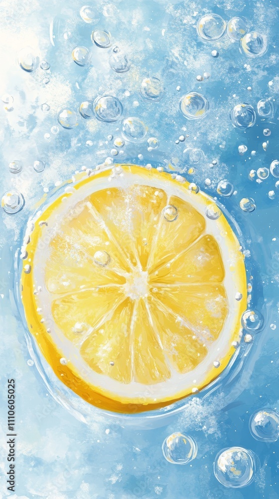 slice of lemon floating in blue bubbly water, refreshing and vibrant concept slice of lemon floating in blue bubbly water, refreshing and vibrant concept