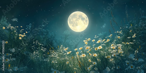 Moon is shining brightly in the sky above a field of flowers