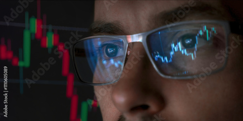 Fotografie A close-up view of a young trader wearing glasses, with stock or crypto market charts reflecting on the lenses, intensely analyzing financial data for market insights