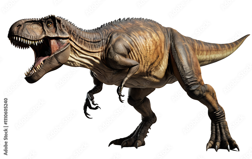 Fototapeta premium A fearsome Tyrannosaurus Rex dinosaur, rendered in detail, stands on a black background, its mouth open in a roar.