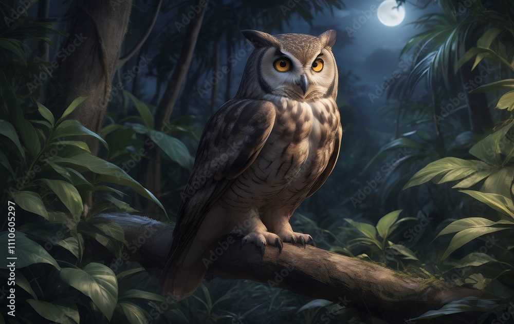 A majestic owl perched on a branch in a lush, moonlit jungle at night. A majestic owl perched on a branch in a lush, moonlit jungle at night.