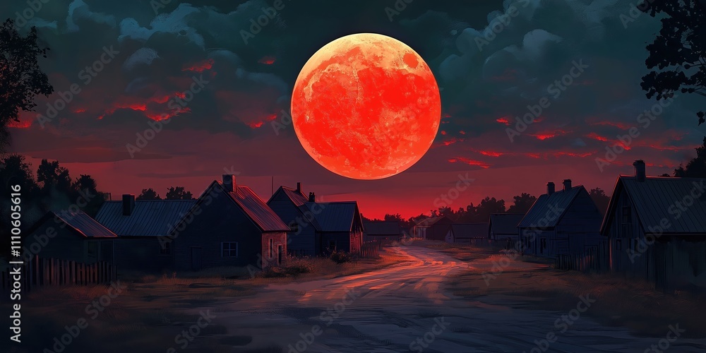Red moon is in the sky above a small town Red moon is in the sky above a small town
