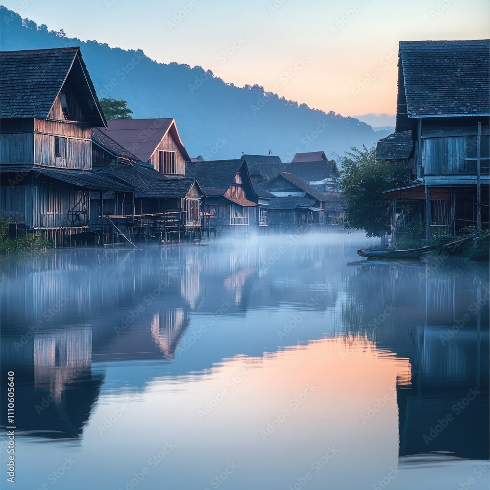 Fototapeta premium A quiet village on a misty lake at dawn, with traditional houses reflecting in the calm water. The air feels fresh, capturing a peaceful morning.