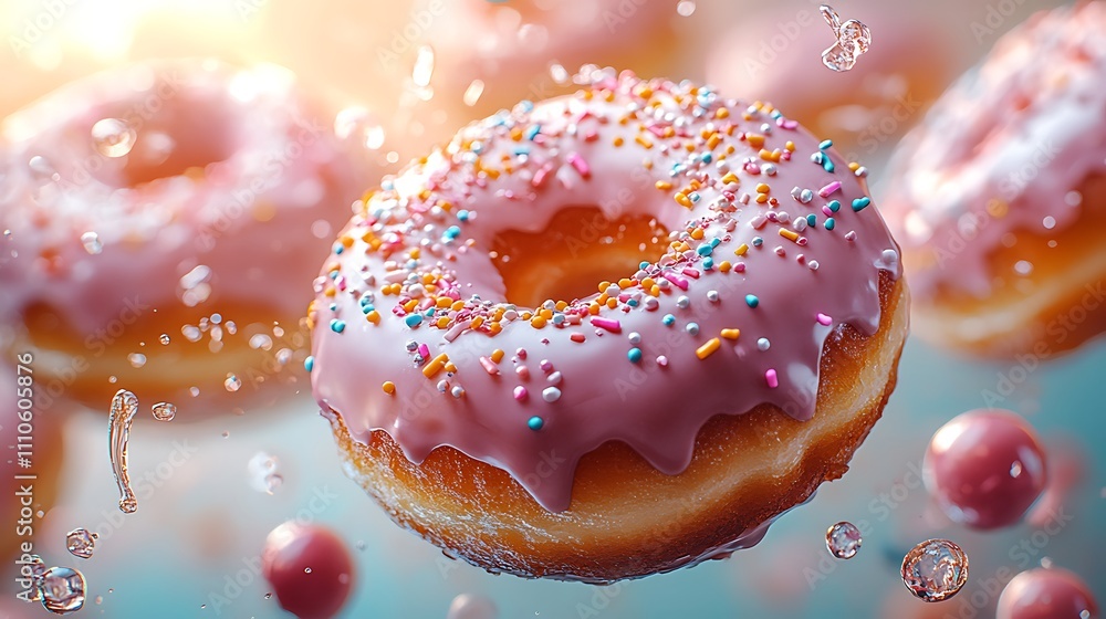 Freshly made pink donuts topped with bright sprinkles picture Freshly made pink donuts topped with bright sprinkles picture