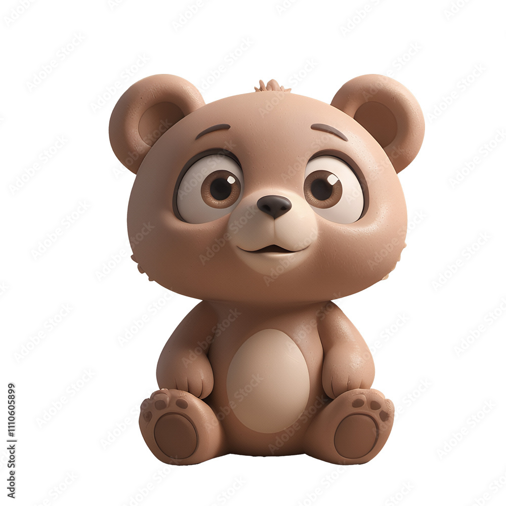 Fototapeta premium Adorable 3D rendered cartoon bear cub sitting, smiling.