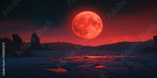 Red moon is in the sky above a desolate landscape