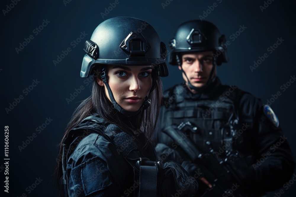 Strong individuals in tactical gear posed for a dramatic portrait in a dark setting Strong individuals in tactical gear posed for a dramatic portrait in a dark setting