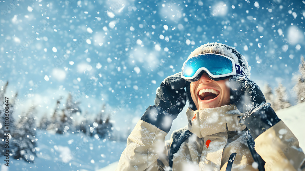 Exhilarated Snowboarder Preparing for Adventure While Adjusting Gear on a Snowy Slope with Snowflakes Falling Exhilarated Snowboarder Preparing for Adventure While Adjusting Gear on a Snowy Slope with Snowflakes Falling