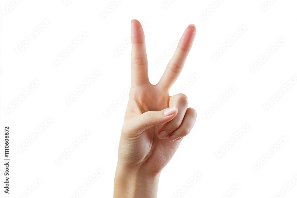 Female hand gesturing the victory sign with index and middle fingers raised up, symbolizing peace or number two, isolated on a clean white background Female hand gesturing the victory sign with index and middle fingers raised up, symbolizing peace or number two, isolated on a clean white background