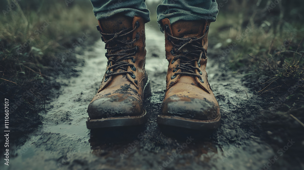 Thrill of Discovery in Nature: Extreme Close-Up of Muddy Boots on a Winding Outdoor Path Thrill of Discovery in Nature: Extreme Close-Up of Muddy Boots on a Winding Outdoor Path