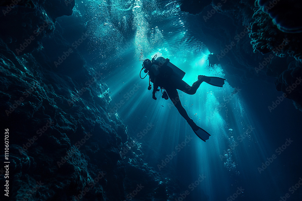 Beautiful diver goes on an underwater adventure in frighteningly deep sea Beautiful diver goes on an underwater adventure in frighteningly deep sea