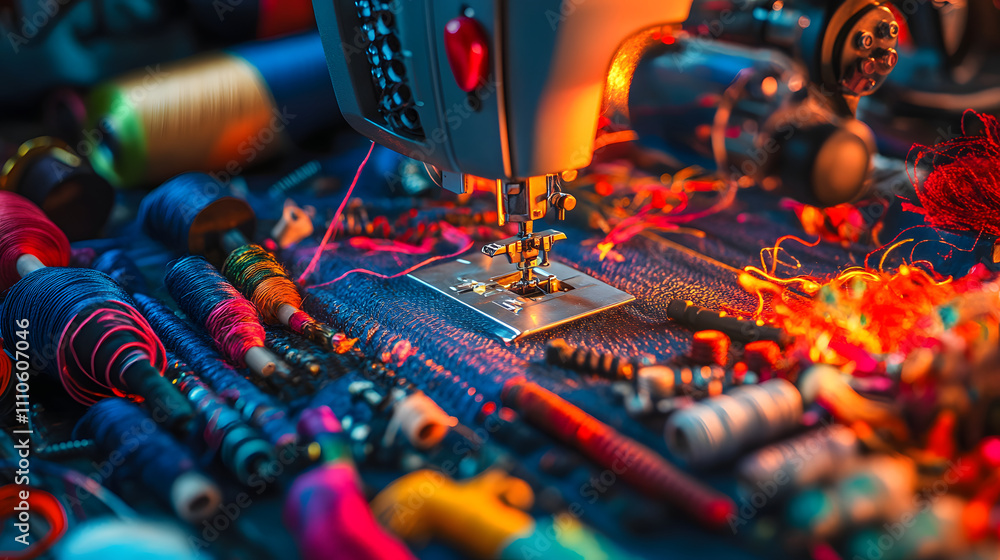 Fototapeta premium Sewing Wonderland: An Artistic Composition of a Sewing Machine Surrounded by Colorful Materials and Crafting Tools