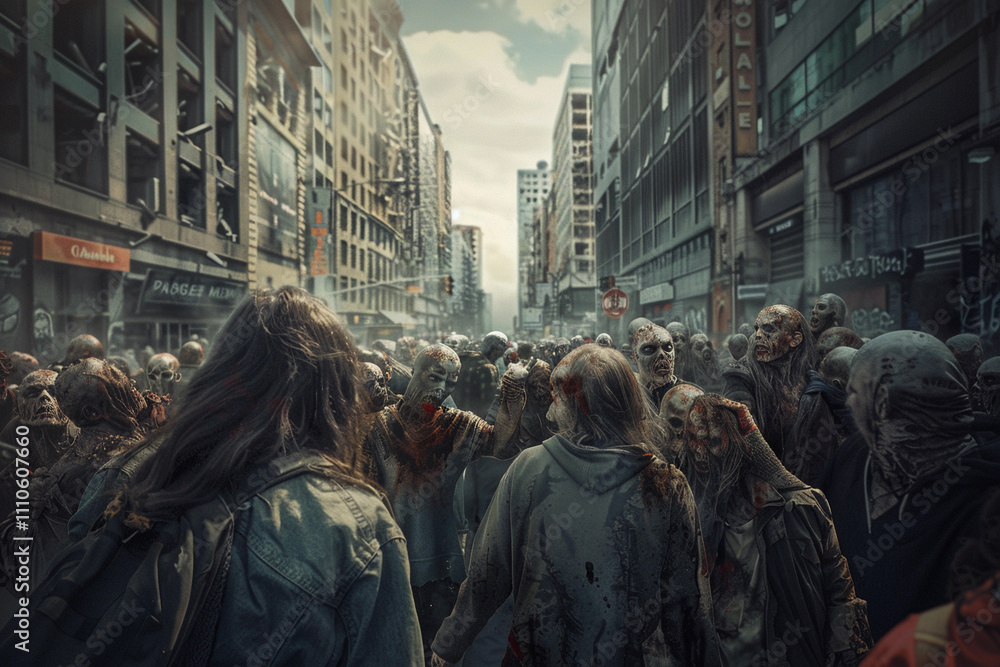 Fototapeta premium Scary sinister zombie wandering in street with dramatic lighting