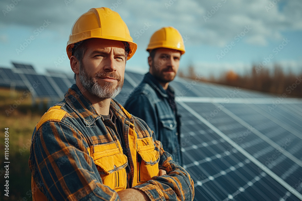 Confident engineers working at a solar panel field on a sunny day Confident engineers working at a solar panel field on a sunny day