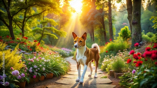 Aerial View of a Playful Basenji Dog Exploring a Lush Green Park with Vibrant Flowers and Pathways, Capturing the Joy and Energy of This Unique Breed in Nature's Embrace