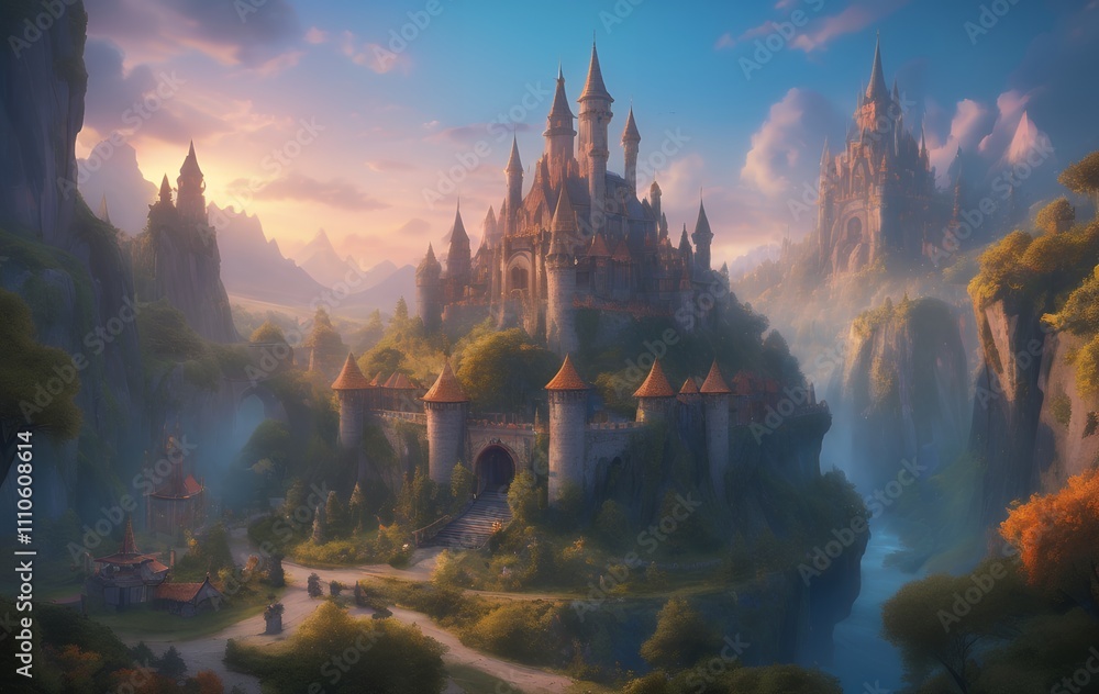 Fototapeta premium Majestic fairytale castle nestled in a mountainous valley at sunset.