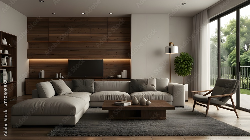 Interior of living room with grey sofa 3d rendering Interior of living room with grey sofa 3d rendering