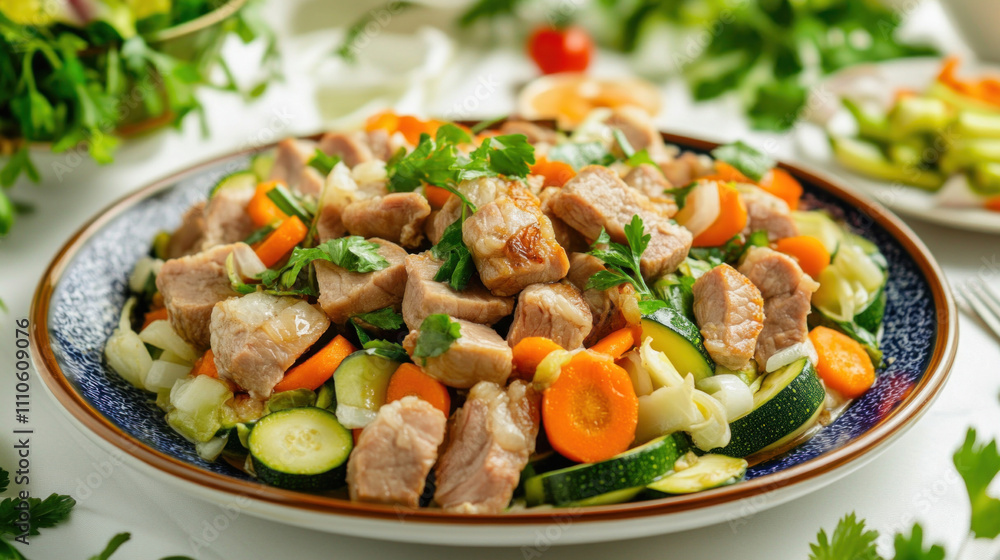 Roasted pork meat with zucchini, carrots, onions and parsley on a plate Roasted pork meat with zucchini, carrots, onions and parsley on a plate
