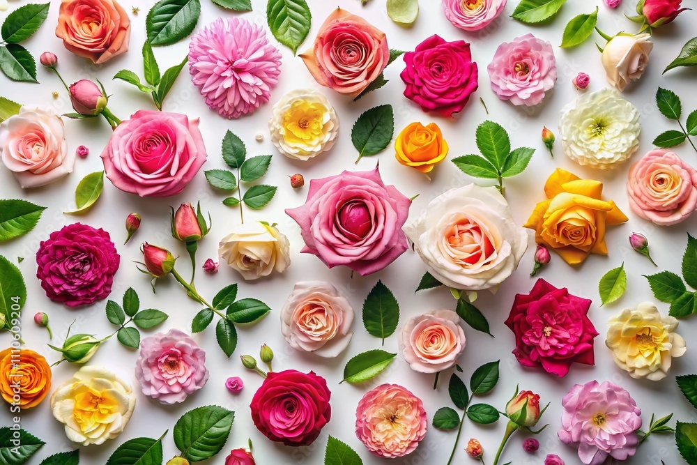 Naklejka premium Aerial View of Assorted Rose Heads and Green Leaves Artfully Scattered on a White Background, Perfect for Floral Design, Weddings, and Romantic Aesthetic Projects