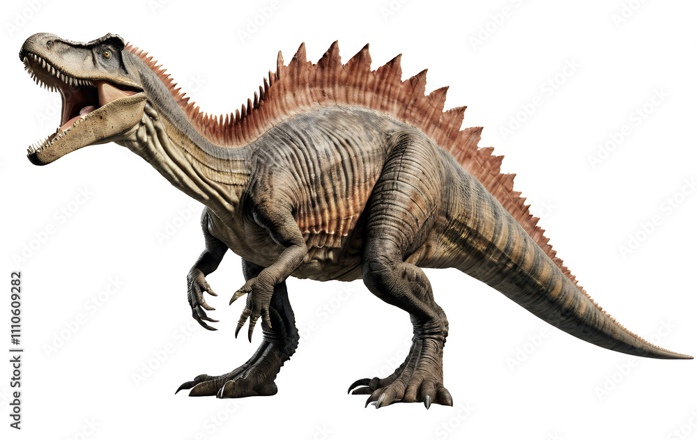 Spinosaurus dinosaur, detailed 3D rendering, side profile, open mouth, textured skin, realistic. Spinosaurus dinosaur, detailed 3D rendering, side profile, open mouth, textured skin, realistic.