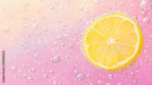Lemon slice in bubbly water against pink gradient background. Refreshing citrus beverage concept