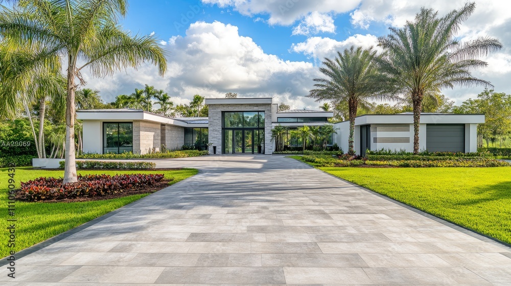 Modern luxury home with palm trees, driveway, and landscaping. Modern luxury home with palm trees, driveway, and landscaping.