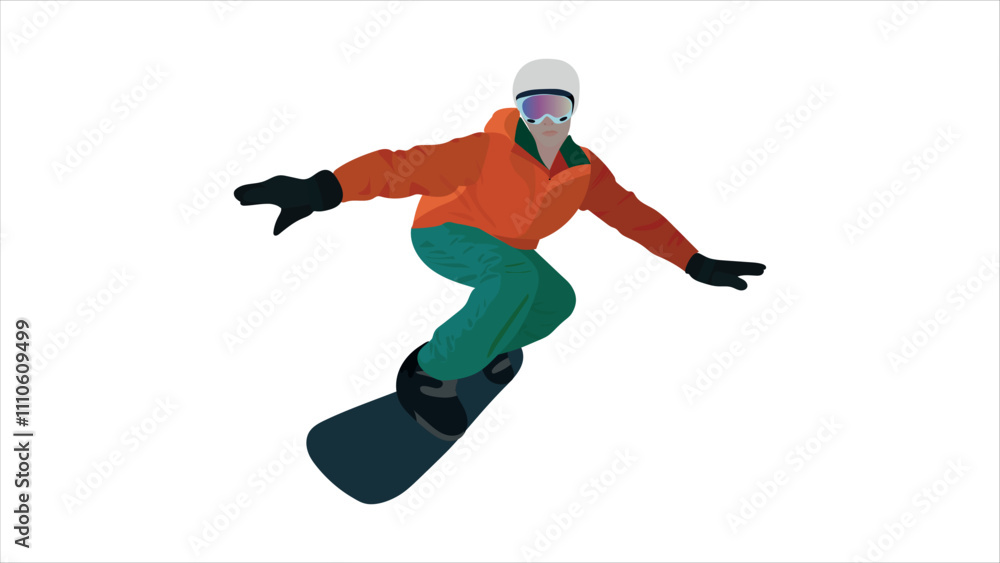 Fototapeta premium Snowboarder in orage and green snowsuit skiing. Winter Sport. woman playing snowboarding, skiing or skating. 