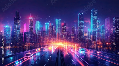 A futuristic smart city skyline at night with vibrant lights and automated vehicles. --ar 16:9 --style raw --stylize 250 --v 6.1 Job ID: 1163e738-1a31-4a6a-8a03-3864a4b8e63e