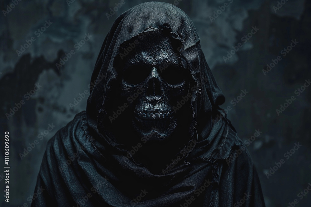 Scary grim reaper with sharp scythe in hell with dramatic background