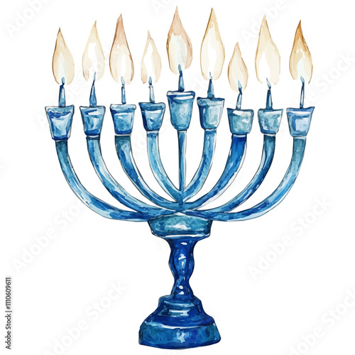 illustration of menorah with glowing candles painting, Watercolor blue and white menorah with glowing candles isolated on a white background, vector