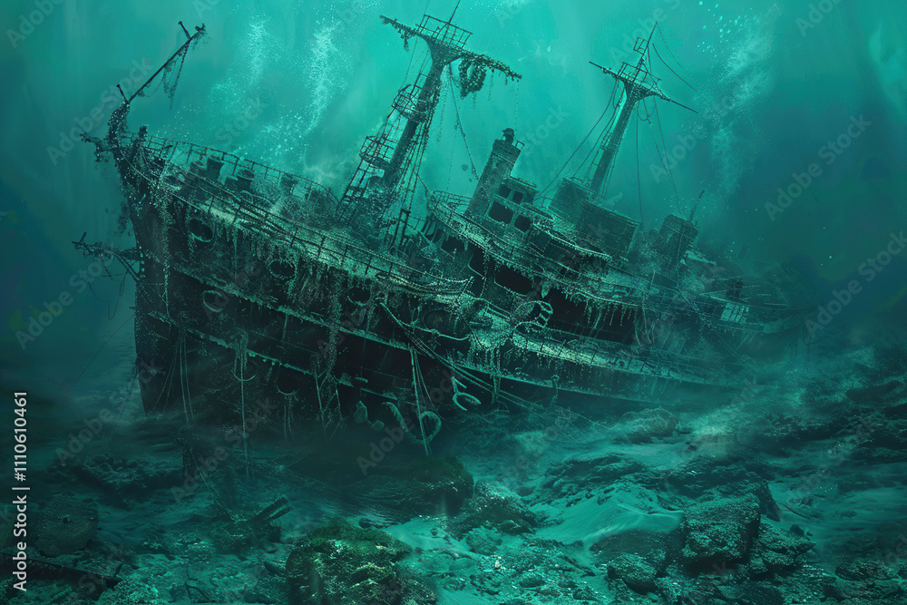 Underwater view of an sunken ship on seabed with fish swimming around Underwater view of an sunken ship on seabed with fish swimming around