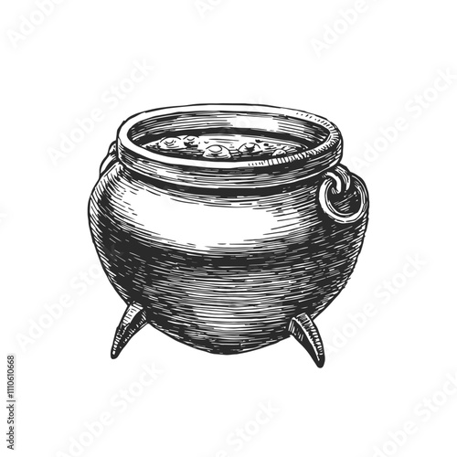 Black and white vector hand-drawn illustration of cauldron with potion. Witch's equipment. Halloween design element.
