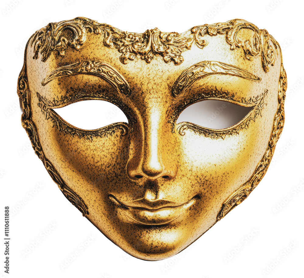 Golden decorative mask with intricate designs, cut out - stock png. Golden decorative mask with intricate designs, cut out - stock png.