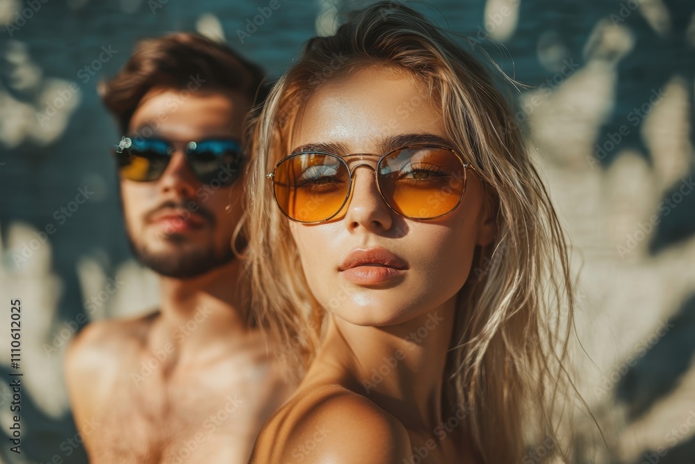 Young couple enjoying sunny beach day with stylish sunglasses during golden hour Young couple enjoying sunny beach day with stylish sunglasses during golden hour