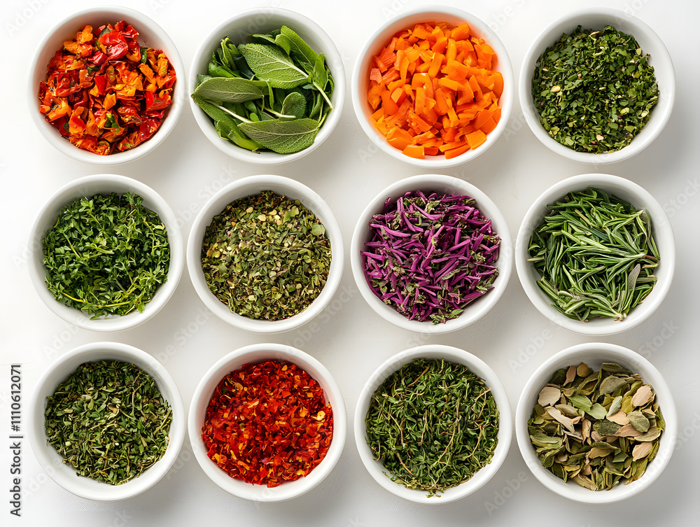 Herbs and spices in white porcelain bowls on white background
Herbs and spices in white porcelain bowls on white background